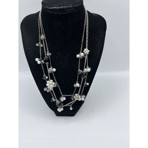 White House Black Market Jewelry - WHITE House Black Market Faux Pearl Black Glass Rhinestone Beaded Necklace